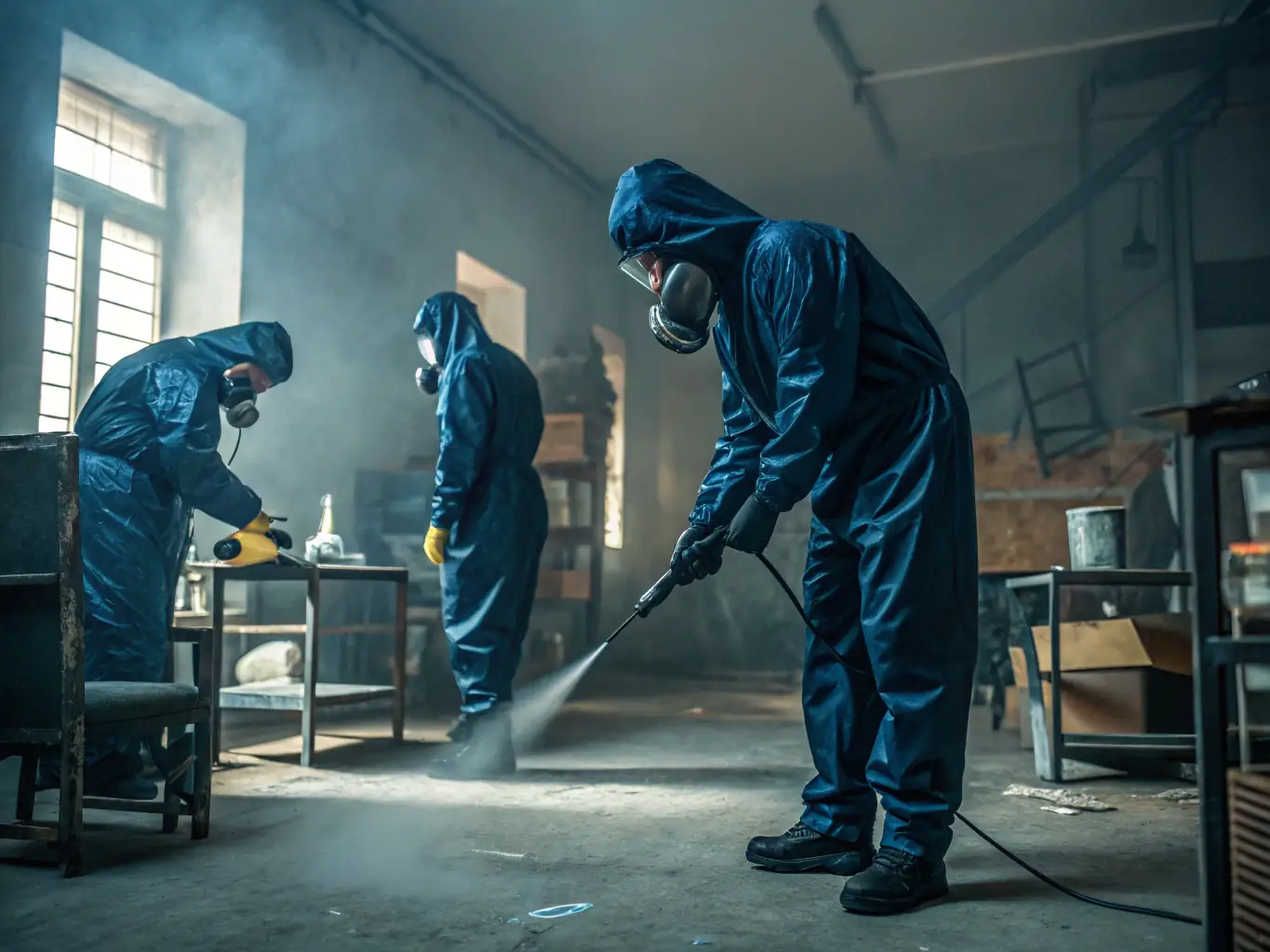 Specialized cleaning team in protective suits sanitizing a crime scene with advanced equipment, ensuring all traces of biohazards are eliminated.
