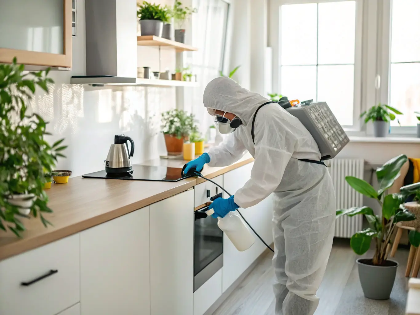 A technician carefully cleaning a residential area with protective gear, emphasizing compassion and professionalism during a suicide cleanup.