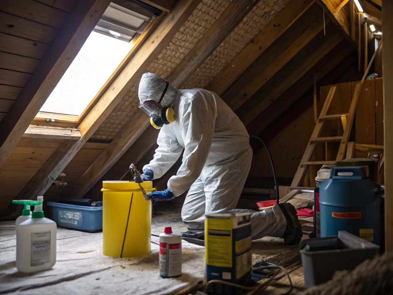 A compassionate Bio-One of DC team member gently sorting through items in a hoarded home, wearing protective gear and demonstrating care and respect for the client's belongings.