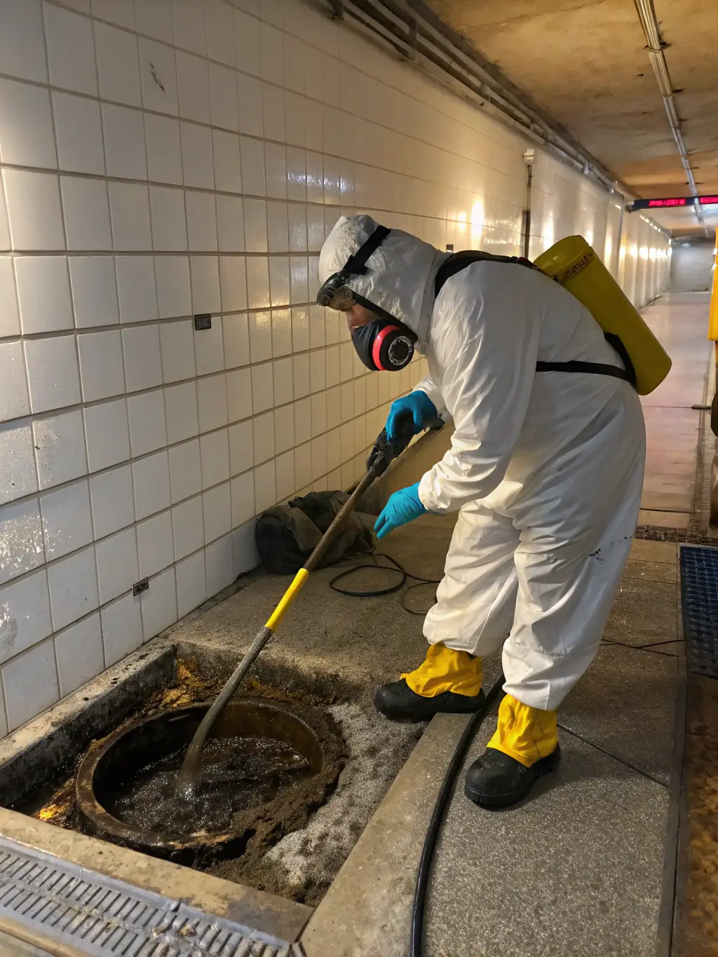 An image depicting a flooded basement with sewage, but with a focus on the cleanup process already underway, showing technicians using specialized equipment.
