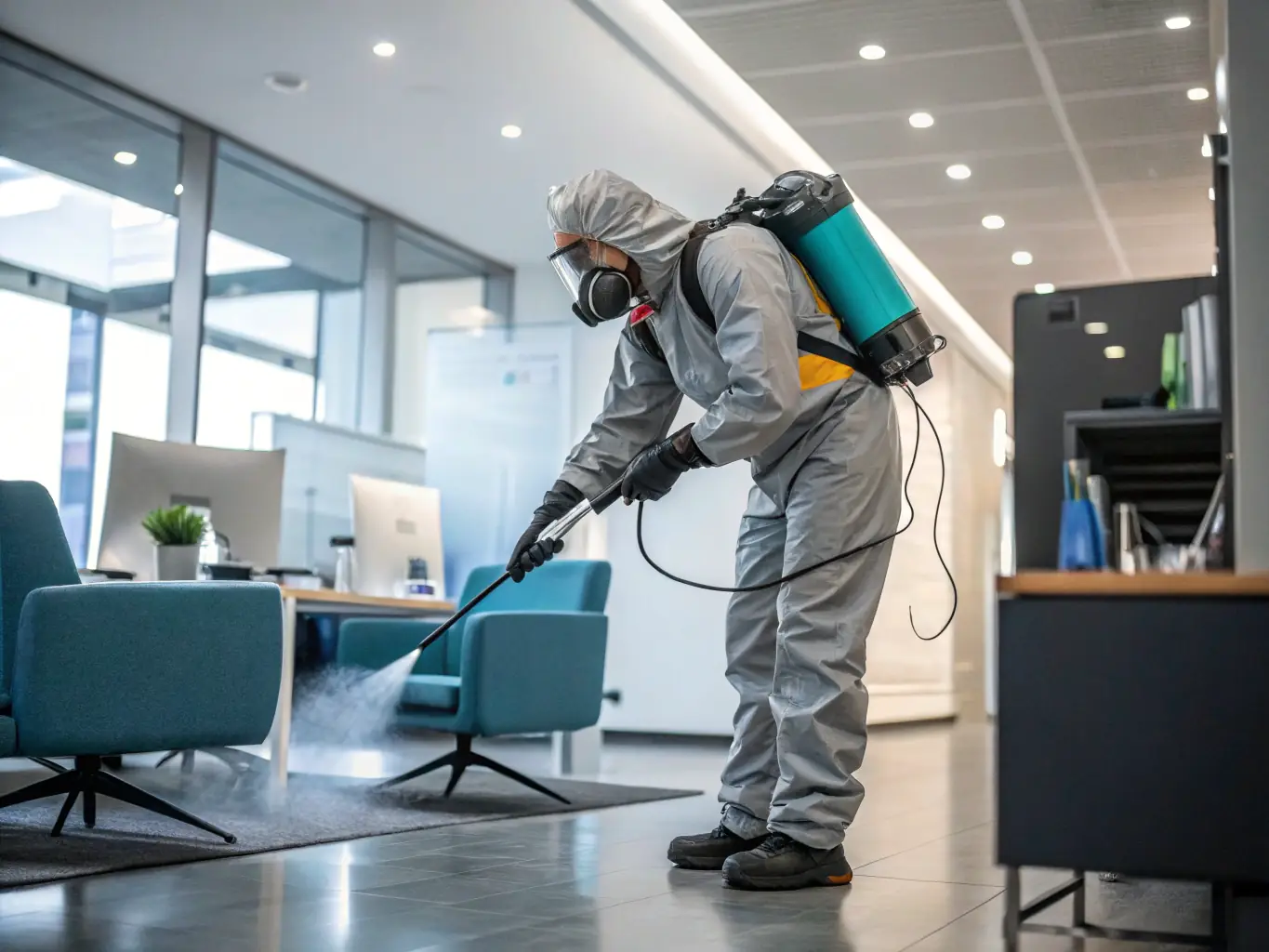 A Bio-One of DC technician carefully cleaning and sanitizing a surface in a hoarded home, showcasing the company's commitment to thoroughness and hygiene.