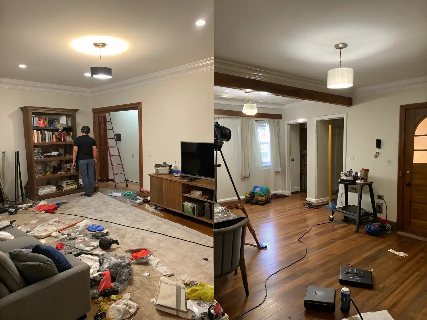 A before-and-after photo showcasing a hoarded room transformed into a clean and organized space by Bio-One of DC, highlighting the company's effective cleanup services.