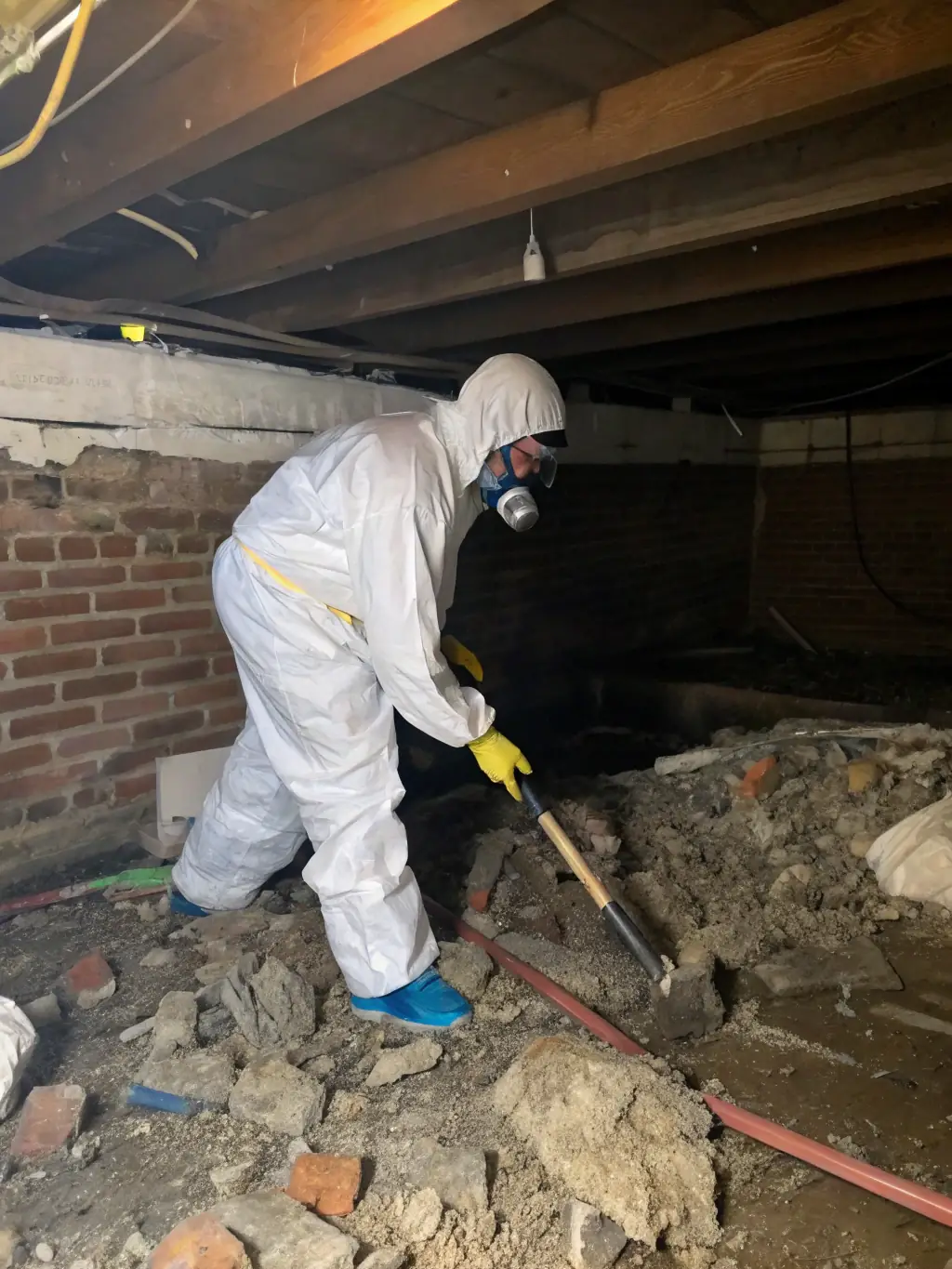 A close-up shot of a technician in full protective gear carefully cleaning up rodent droppings in an attic, emphasizing the meticulous nature of the rodent feces cleanup service.