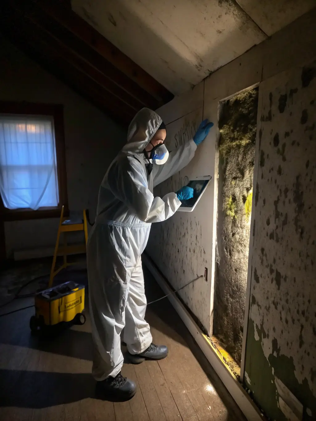 A photo of a technician carefully removing mold from a wall, highlighting the precision and safety measures taken during mold remediation.