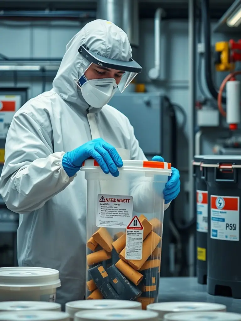 An image of technicians in protective gear safely disposing of biohazardous waste, emphasizing the importance of proper handling and disposal methods.
